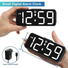 Peakeep Small Digital Alarm Clock Plug in for Bedrooms Bedside, Tiny Electric Clock Large Big Numbers Display Battery Backup for Desk Table, 6 Dimmers, 5 Adjustable Alarm Volume (White)