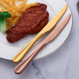 BYEGOU Gold Steak Knives Set of 12, 9 Inch Stainless Steel Serrated Dinner Knives Set, Professional Restaurant Sharp Knives for Steak, Kitchen, Party, Wedding, Dishwasher Safe