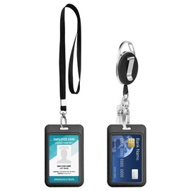 ID Card Holder with Strap, Set of 2 Sliding ID Card Holder, Vertical Card Holder with Extendable Lanyard, Transparent Hard Plastic, Protective Case with Transparent Window