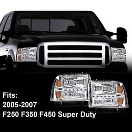 G-PLUS LED Headlights Compatible with Point StyleFord F250 F350 F450 F550 Super Duty 2005-2007 DRL BAR Headlamps Clear Lens Chrome Housing Amber Reflector,faros delanteros