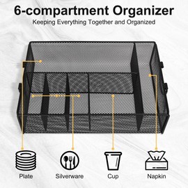 Paper Plate and Utensil Holder Caddy, Metal Silverware Utensil Caddy for Party, Camping, Picnic with 6 Compartments & Handle, Outdoor Cutlery Holder for Cup, Napkin, Paper Plates, Plastic Silverware