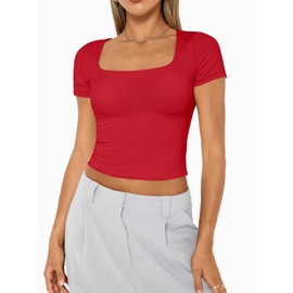 AUTOMET Womens Short Sleeve T Shirts Double Lined Square Neck Going Out Crop Tops Summer Cute Clothes Basics Tees Red XL