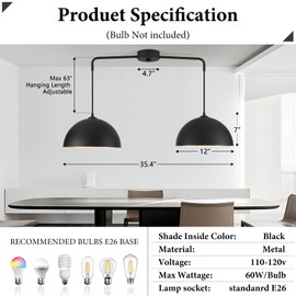 Pendant Lights Kitchen Island, 2-Light Black and Gold Dome Pendant Light Fixtures, Island Lights for Kitchen Farmhouse Dining Room Restaurant