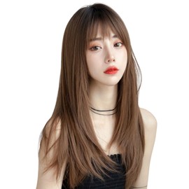 Karim Wig, Long Straight Brown, Full Wig, Women's, Small Face, Natural Wig, Heat Resistant, Adult/Cute, Fashion, Everyday, Cosplay, Bangs (Brown)