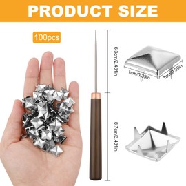 100Pcs Square Pyramid Studs for Clothing - 10mm Silver Metal Punk Spikes with Wooden Handle Awl, Four-Jaw Square Studs Kit for Punk Rock Clothing, Leather Craft, Pet Collars, Bags & Belts DIY (Silver)