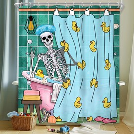 Riyidecor Funny Skull Shower Curtain 60Wx72H Inch Kids Gothic Skeleton in Bathtub Bathing Spooky Yellow Rubber Duck Cool Hilarious Modern Boys Bathroom Decor Fabric Polyester Waterproof 12 Pack Hooks