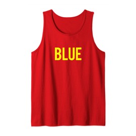 Annoying Illusion Blue Text in Yellow Lettering on Red Tank Top