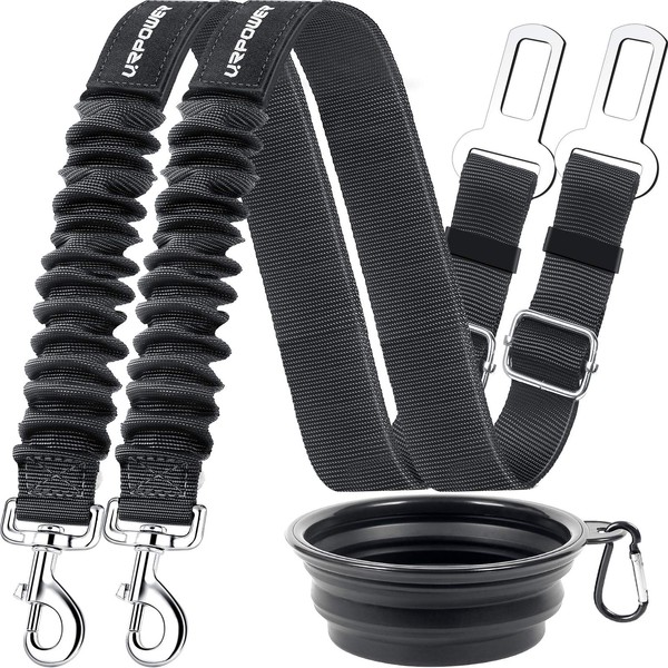 URPOWER 3 Piece Set Dog Seat Belt, Retractable Dog Car Harness Adjustable Pet Safety Belt with Elastic Bungee Buffer, Heavy Duty & Durable & 360 Degree Swivel Dog Seatbelts