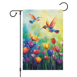 Wodison Spring Summer Garden Flag 12x18 Inch Double Sided Outside, Tulips Floral Hummingbird Spring Welcome Yard Outdoor Flag