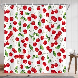 Emwnodti Cherry Shower Curtain, Cool Red Frutis Green Leaf White Bath Curtain Set, Polyester Waterproof Bath Curtian Accessory Set 12 Hooks 72x72 inch
