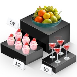 Vynium Extra Large Buffet Risers Set, 10" 12" 14" White Acrylic Food Risers for Buffet Table, Display Stand Shelf with Hollow Bottoms for Catering Dessert Collectibles Jewelry Figures Show(Black)