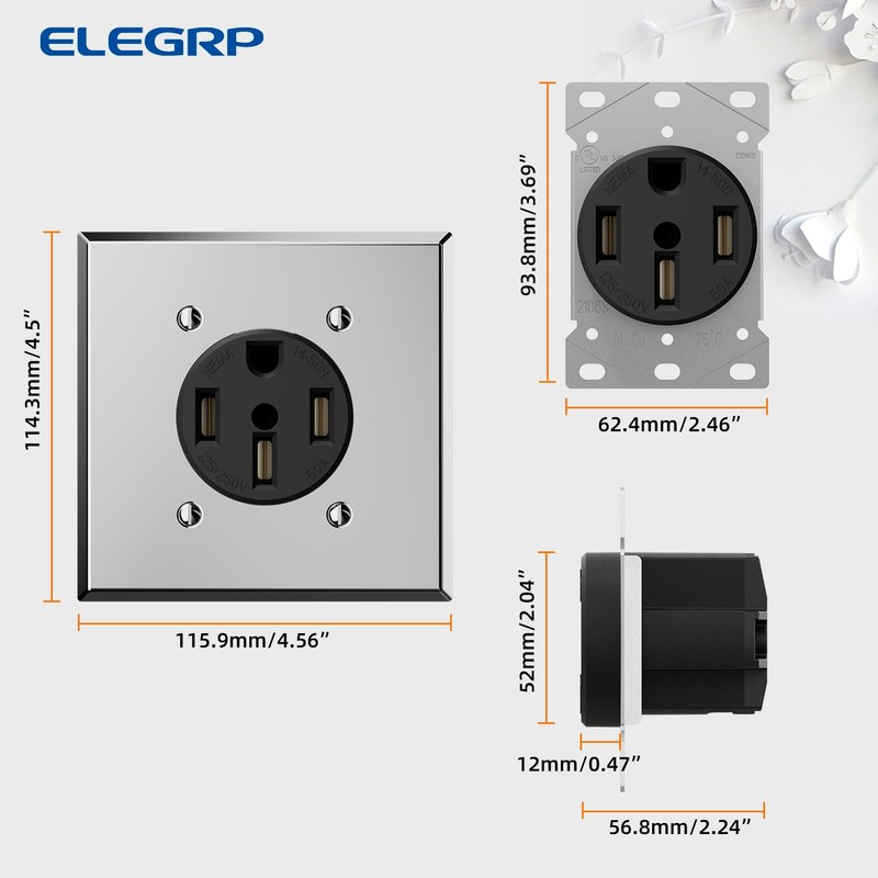 ELEGRP 50 Amps 125/250V Range Oven Stove Receptacle, NEMA 14-50R
