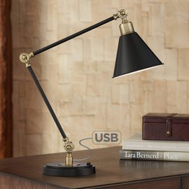 Wray Modern Industrial Desk Table Lamp with USB Charging Port Adjustable 26.75" High Black Antique Brass for Bedroom Bedside Office - 360 Lighting