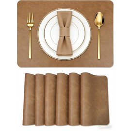 Faux Leather Placemats Set of 6, 18×12 Inch Waterproof Wipeable PU Place Mats Heat Resistant Anti Slip Dining Table Place Mats for Kitchen Dining Indoor & Outdoor Use (Light Brown)
