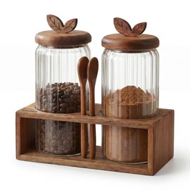Glass Coffee Canister Set of 2 with Acacia Wood Lids and Spoons - Airtight Coffee Container for Ground Coffee, Sugar - Coffee Bar Accessories with Organizer Tray for Kitchen Counter (34floz Each)