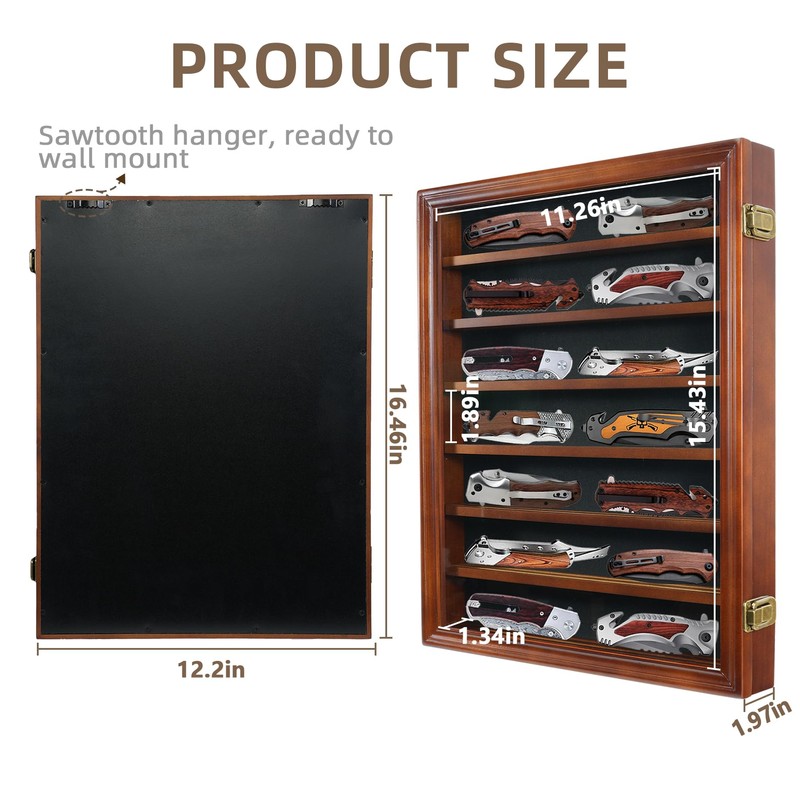 ASmileIndeep Pocket Knife Display Case 7 Rows Lockable Wooden Knife