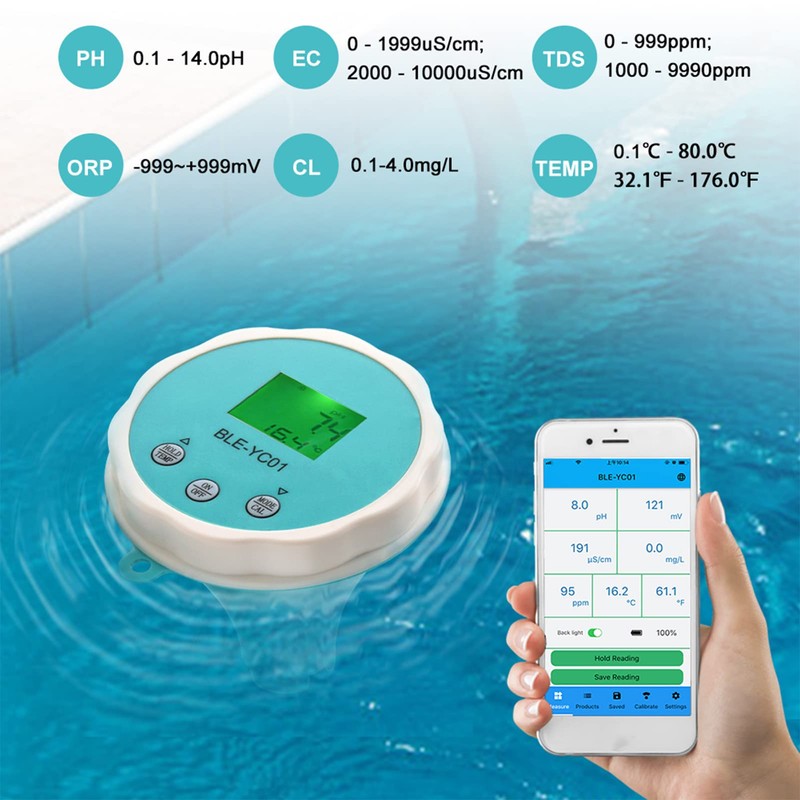 Digital Water Tester, Water Tester, 6-in-1 PH-EC-TDS-ORP-Temp Residual Chlorine Water