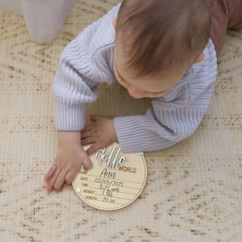 Hello World Baby Birth Stats Sign, 6.2 inches, Wood Engraved Hospital Announcement Board with Flower (BB75)