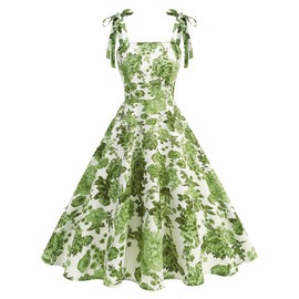 50s Style Dresses for Women 1950s Vintage Floral Cocktail Swing Dress Spaghetti Straps Square Neck Audrey Hepburn Rockabilly Dress Retro Church A Line Casual Graduation Tea Party Dresses Green XL