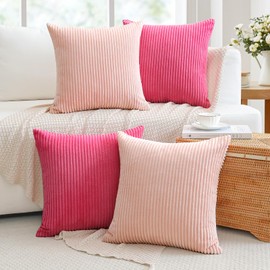 JOTOM Set of 4 Corduroy Striped Soft Cushion Covers 45x45 cm Boho Decorative Throw Pillow Covers Square Pillowcase Couch Home Decor Pillow Covers for Sofa Bedroom (Pink Hot Pink)