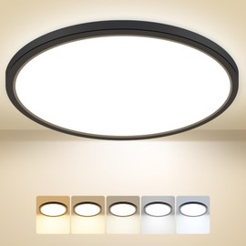 Peasur Bathroom Light, 3000K/3500K/4000K/5000K/6500K 5 Color Temperature LED Ceiling Light, 24W 2800LM, IP54 Waterproof, Round, Modern, Flush Ceiling Light for Bathroom, Kitchen, BedroomØ33CM(Black)
