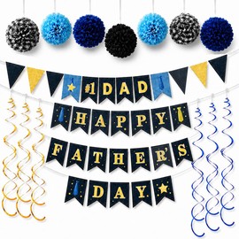 Father's Day Decorations for Home, Happy Father's Day Banner with #1 Dad Banner, 7 Paper Pom Poms, 6 Hanging Swirls, Blue Gold Black Plaid Party Decorations for Family Office BBQ Celebration