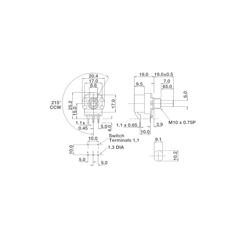 WITTKOWARE Mono Potentiometer with Switch, Long Plastic Axis (6 x