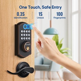 ELAMOR M19 Fingerprint Door Lock with 2 Lever Handles, Keyless Entry Door Lock, Automatic Locking, Easy to Install, Electronic Keypad Deadbolt with Code, Front Deadbolt Handle Sets, Oil Rubbed Bronze
