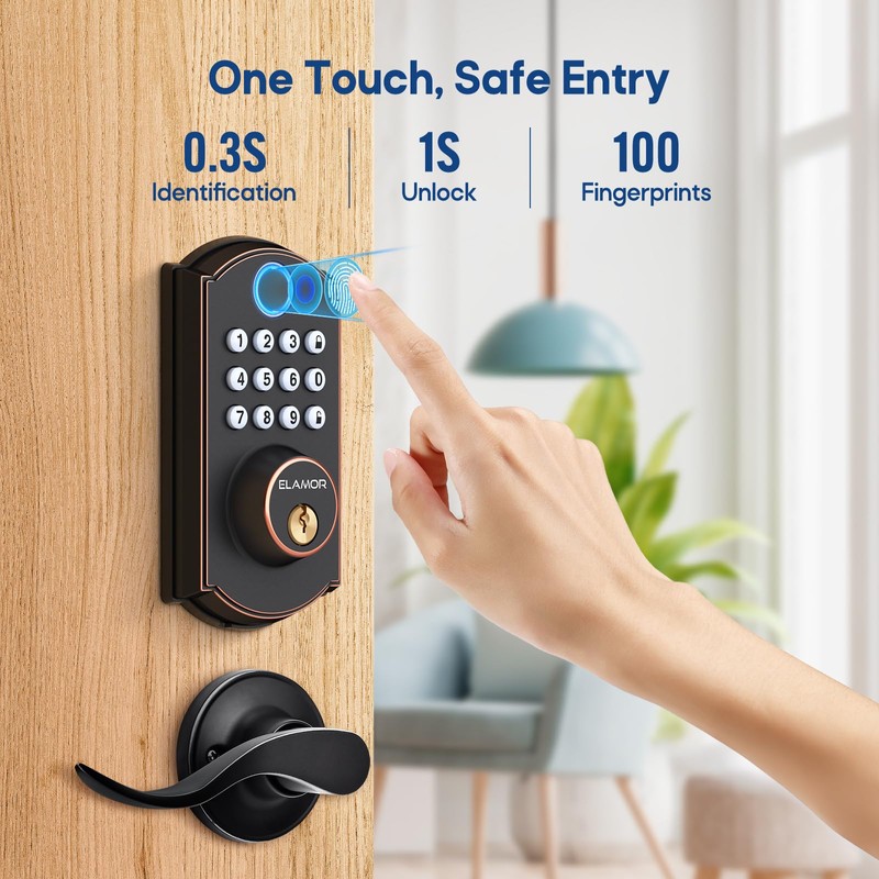 ELAMOR M19 Fingerprint Door Lock with 2 Lever Handles, Keyless
