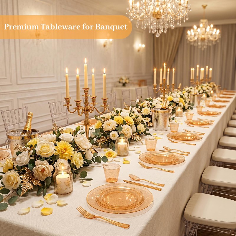 350PCS Orange Glitter Plastic Dinnerware Set for 50 Guests