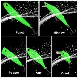 Glow Fishing Lure Bait Kit - 5pcs Luminous Fishing Bait VIB Popper Crank Minnow Pencil Artificial Lures with Tackle Box for Bass Saltwater Freshwater