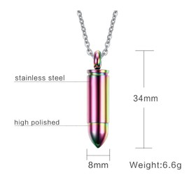 Rainbow Stainless Steel Bullet Cremation Jewelry Keepsake Urn Necklace with 22 Inch Chain