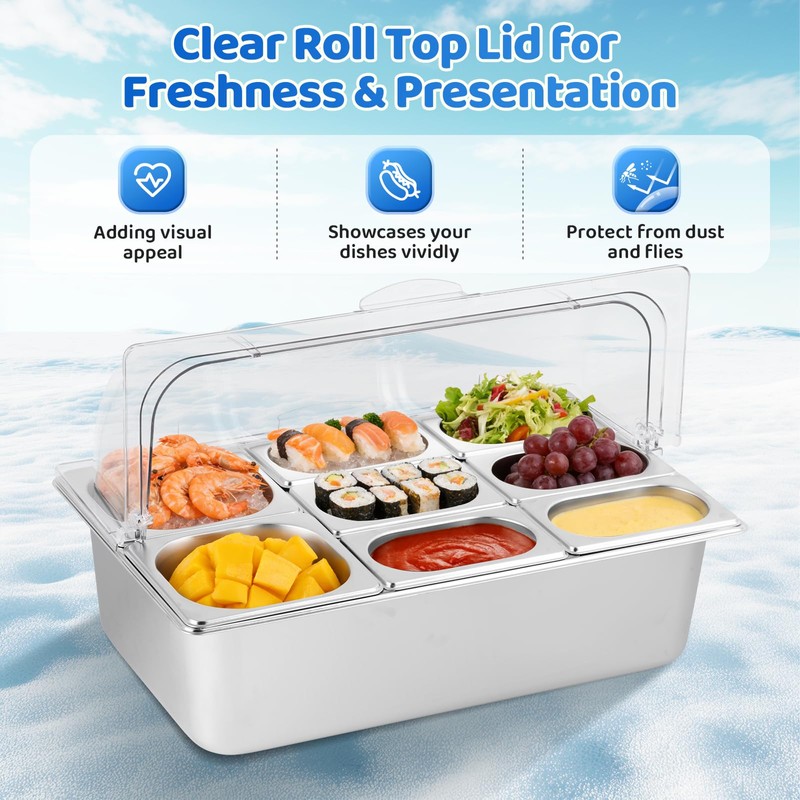 YMJOINMX Ice Cooled Condiment Serving Container 8 Pans (6 Pans×1Qt