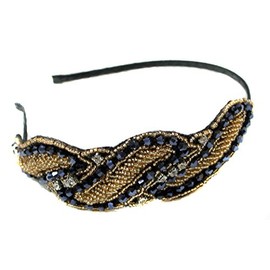 GREAT GATSBY ART DECO 1920s FLAPPER BLACK GOLD CRYSTAL BEAD HEADBAND HAIRBAND RIBBON