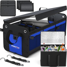 FORTEM SUV Trunk Organizer with Cooler, Car Organizer, Collapsible Multi-Compartment Storage Bag for Car Accessories for Women, Non Slip Bottom, Adjustable Straps, Soft Cover 90L (Extra Large, Blue)