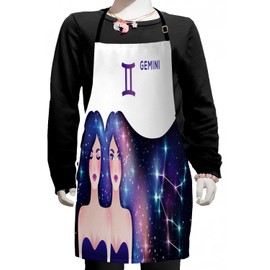 Ambesonne Celestial Apron, Gemini Zodiac with Twin Girls and Constellation Hair Horoscope, Small Apron Bib with Adjustable Ties for Baking Painting, Small Size, Violet and Multicolor