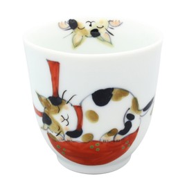 Hasamiyaki Pottery Blue Tricolor Cat Tea Cup (Small), Red 02-364