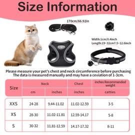Cat Harness with Lead, Escape Proof, Adjustable Cat Harness, Cat Harness, Soft Inner Lining and Breathable Mesh with Reflective for Outdoor Training, Walking (Black, XXS)
