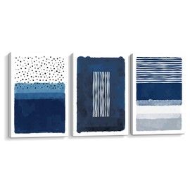 Creoate Blue Canavs Wall Art for Living Room Decor 3 Pieces Abstract Blue and White Painting Canvas Print Framed Artwork Set for Bedroom Decor Navy Blue Canvas Wall Decor, Ready to Hang, 16x24 Inch