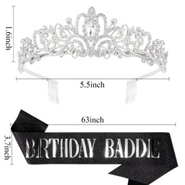 Birthday Crown and Sash for Women, Hapdoo BIRTHDAY BADDIE Decorations Set - Rhinestone Tiara Set and Sash for Women Girls, Headband Hair Accessories for Wedding Party, Silver