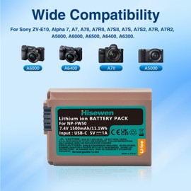 Hisewen NP-FW50 Battery with Type-C Fast Charging for Sony ZV-E10, Alpha 7, A7, A7II, A7RII, A7SII, A7S, A7S2, A7R, A7R2, A5000, A6400, A6500, A6300, A6000, NEX-3, NEX-5. (1 Pack, 1500mAh)