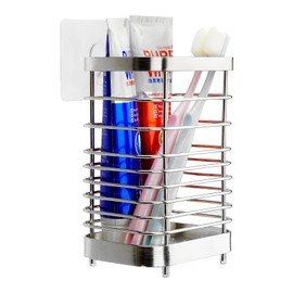 Wall Mount Toothbrush Holder for Bathroom, Stainless Steel Rustproof Toothbrush and Toothpaste Holder Organizer, Electric Toothbrush Holder Self Adhesive Wallmount/Countertop Organizer(Silver)