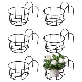 6 Pcs 6.1 Inch Iron Round Hanging Railing Planters,Hanging Flower Pot Holders,Metal Potted Stand Mounted Balcony Round Baskets Shelf Plant Holder with Hooks for Indoor Outdoor Plant(Black)