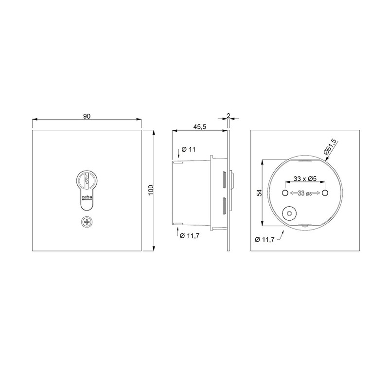 geba US 1-2T/1 Flush-Mounted Recessed Key Switch Key Button DIN