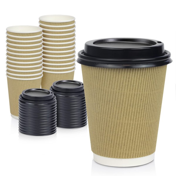 Fit Meal Prep [50 Pack] Disposable Hot Cups with Lids - 12 oz Brown Double Wall Insulated Ripple Sleeves Coffee Cups with Black Dome Lid - Kraft Paper Cup for To Go Chocolate, Tea, and Cocoa Drinks