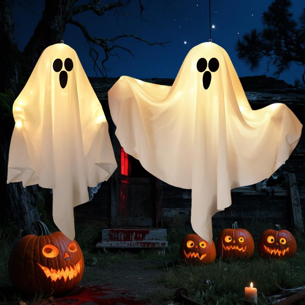 Halloween Light Up Hanging Ghosts Kit, 2 Pack White Hanging