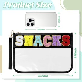 BuyCard Clear Snack Bag with Chenille Letter Patch-Preppy Waterproof Pouch for Travel, Makeup, Gym | Zippered Cosmetic Tote for Women & Girls.