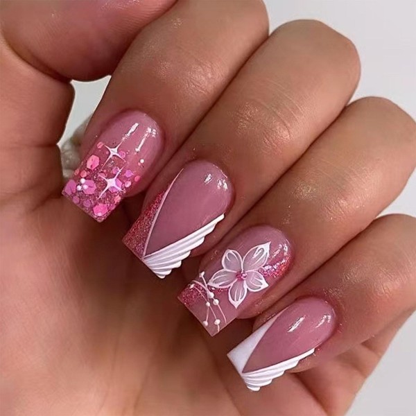 Press on Nails Medium Square Fake Nails Glitter Glue on