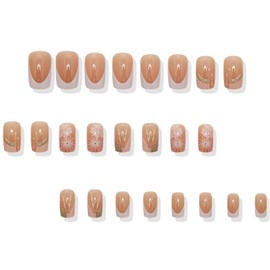 Spring Flower Press on Nails White French Tips Acrylic Medium Square Fake Nail Polk Dot Gel Glue on Nail 24Pcs Glossy Gold Glitter False Nails Curve Line Stick on Fingernails for Coquette Women Girls