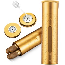 demcigar Cigar Case Humidor, Travel Cigar Case Tube with Cigar Hygrometer Humidifier, Air Tight Lid Smell Proof Cigar Tube/Jar for 3 to 4 Cigars, Great Gift for Men, Dad, Husband (gold)